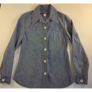 Vintage Wrangler Button Up Shirt Womens Small Chambray Blue Long Sleeve 70s USA